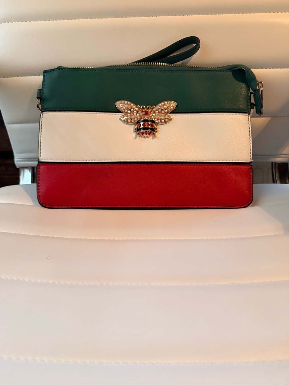 Green White Red Stripe Wristlet Clutch with Bee Accent
